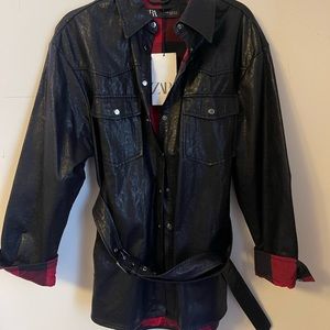 NWT ZARA faux leather over shirt with plaid interior